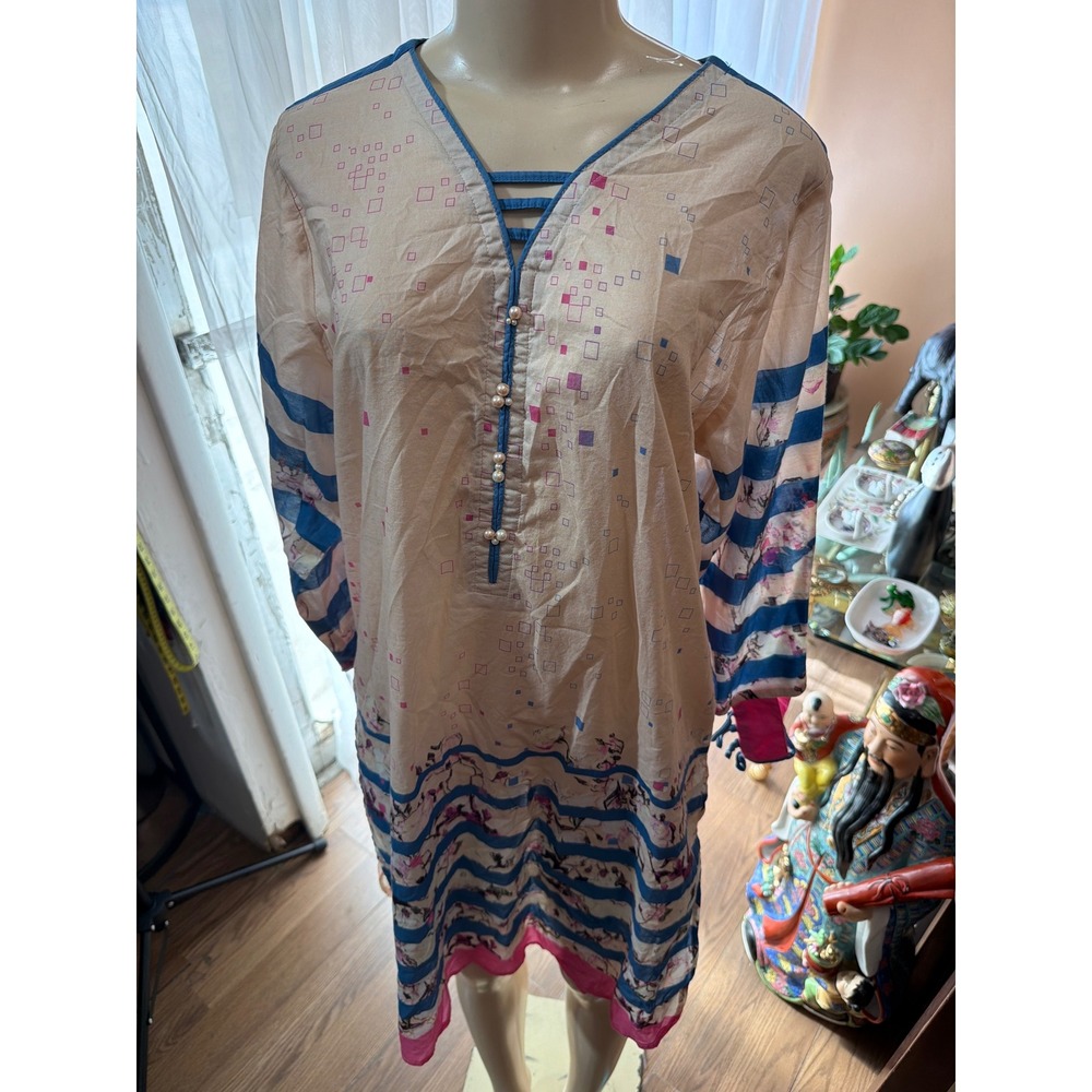 K-Woman Tunic Dress XL Blue Pink Floral Geometric Pearl Detail Long Sleeve Kurti
